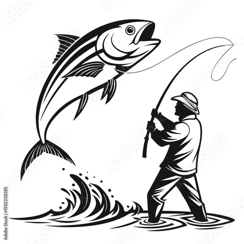 caught a big fish and fought it happily. Fly fisherman fishing. clip art black fishing on white background. Vector