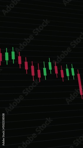Stock market decreasing with candlestick Chart, tracking shot vertical animation