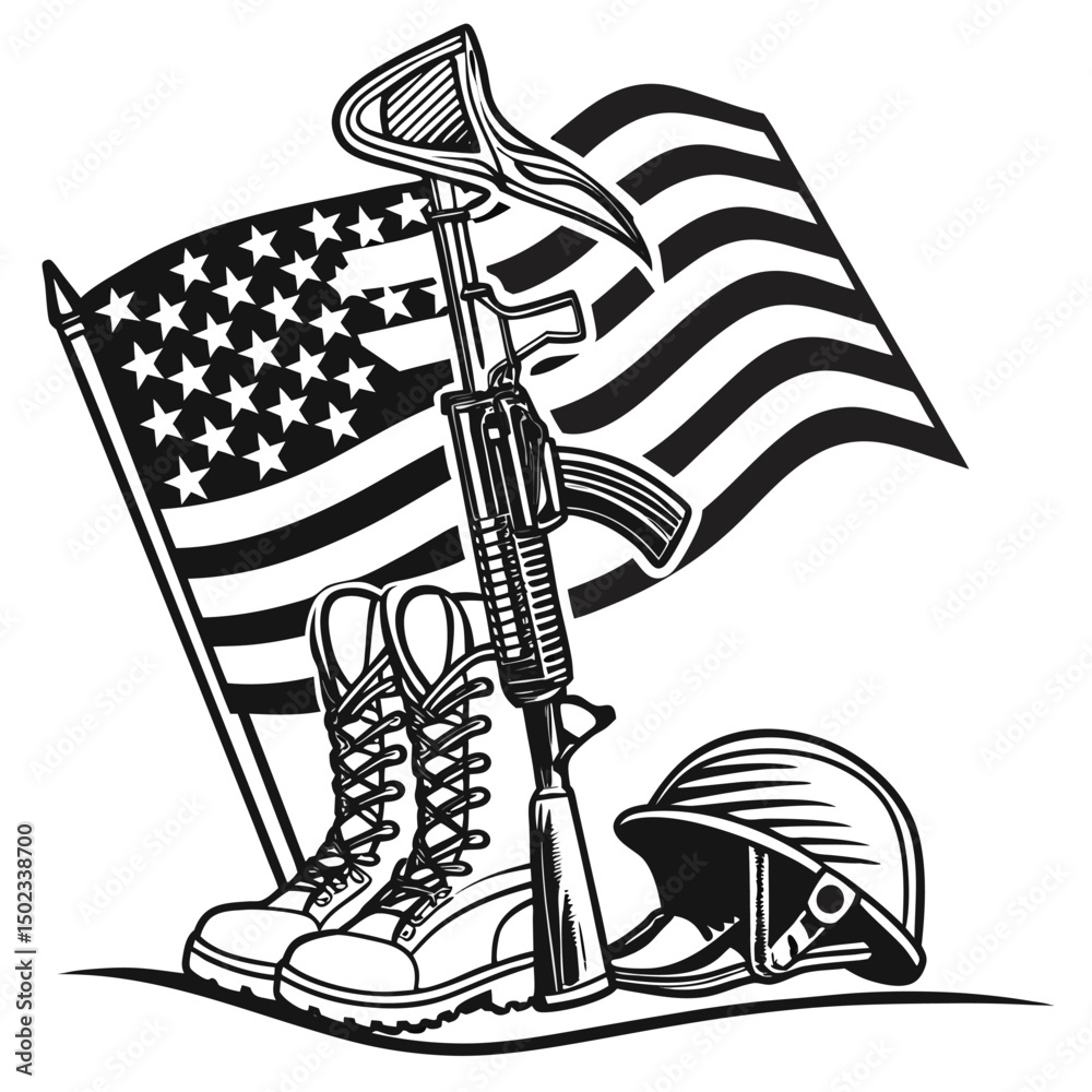 Naklejka premium Honoring Soldiers Remembering Sacrifice With Military Equipment And American Flag