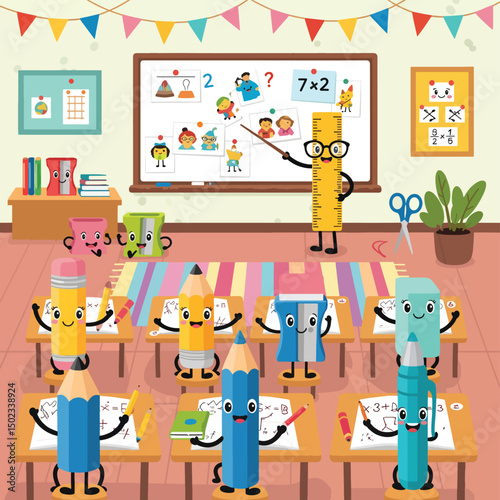 Adobe Illustrator Artwork Cartoon classroom with cheerful stationery characters: a ruler teacher and pencil students learning math. Fun, educational illustration for kids and back-to-school themes