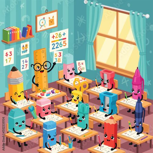Adobe Illustrator Artwork Cartoon classroom with cheerful stationery characters: a ruler teacher and pencil students learning math. Fun, educational illustration for kids and back-to-school themes