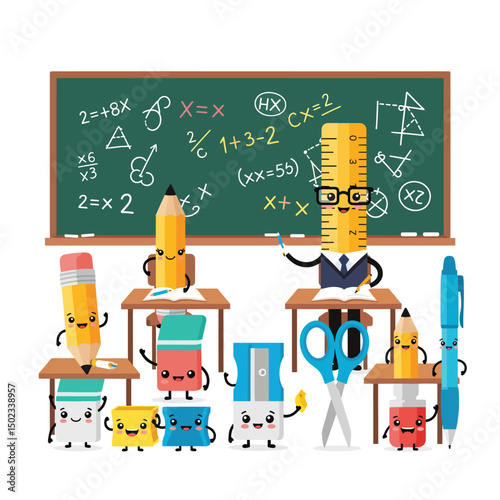 Adobe Illustrator Artwork Cartoon classroom with cheerful stationery characters: a ruler teacher and pencil students learning math. Fun, educational illustration for kids and back-to-school themes