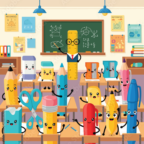 Adobe Illustrator Artwork Cartoon classroom with cheerful stationery characters: a ruler teacher and pencil students learning math. Fun, educational illustration for kids and back-to-school themes