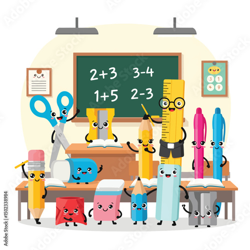 Adobe Illustrator Artwork Cartoon classroom with cheerful stationery characters: a ruler teacher and pencil students learning math. Fun, educational illustration for kids and back-to-school themes