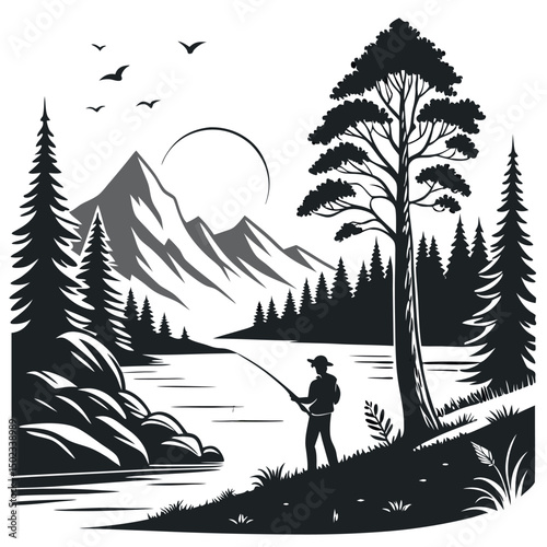 A fisherman with a catch of fish. Fish on a hook. Fisherman in gear with fishing rod silhouette