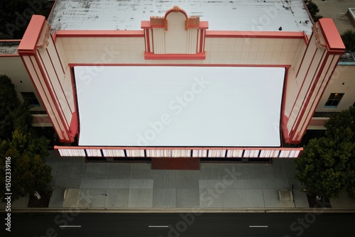 Historic movie theater facade with large blank screen above entrance