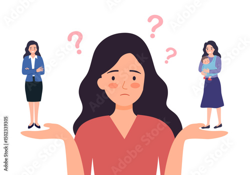 Woman chooses between family and work. The issue of female priorities between childbirth, health, marriage and career, money, business.