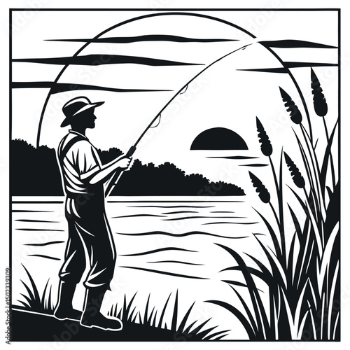 A fisherman with a catch of fish. Fish on a hook. Fisherman in gear with fishing rod silhouette