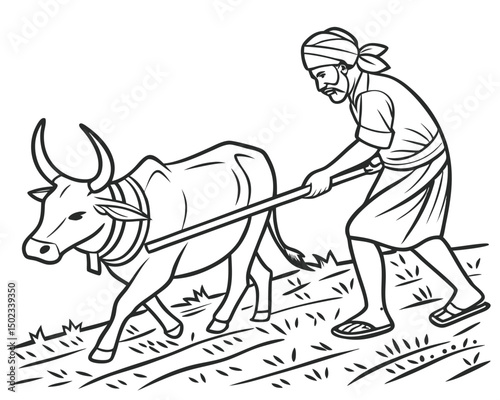 Farmer Plowing Land with a Ox in India Illustration