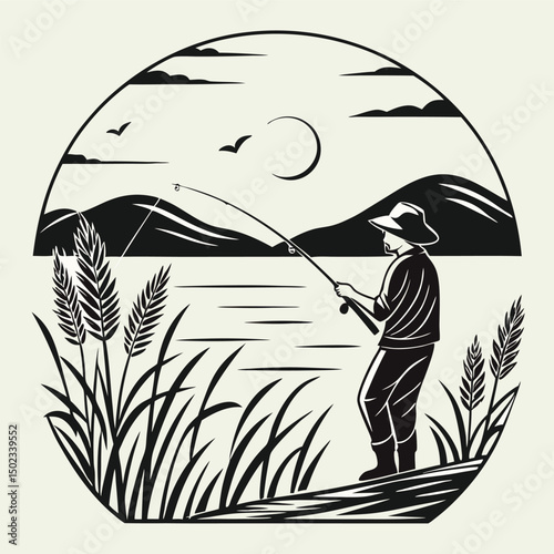 A fisherman with a catch of fish. Fish on a hook. Fisherman in gear with fishing rod silhouette