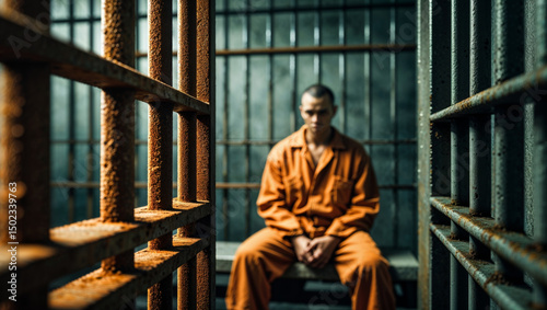 A man in an orange jumpsuit sits inside a jail cell behind rusty iron bars, conveying confinement.