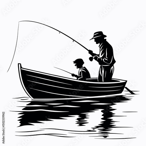 Vector silhouette illustration of a father and son fishing