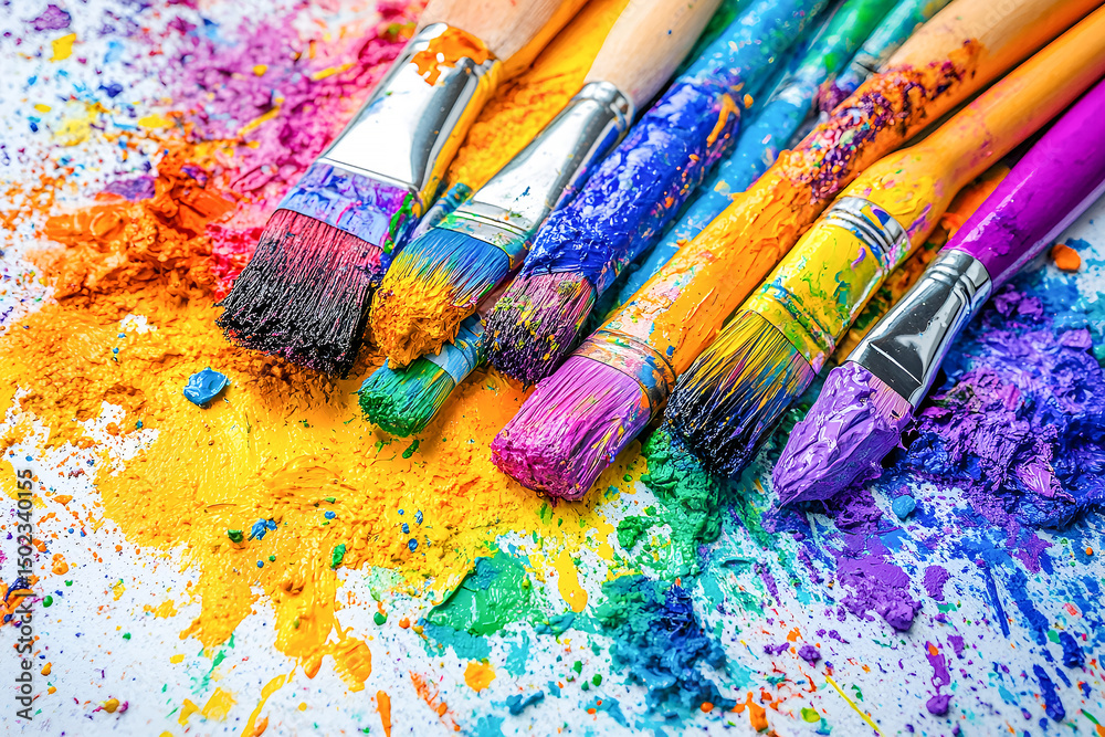 Obraz premium Colorful paintbrushes on vibrant acrylic paint splashes
