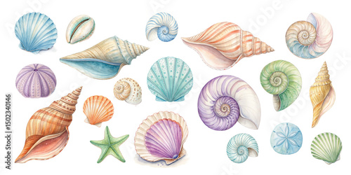 Watercolor seashell collection vector illustration of various sea shells and starfish on transparent background
