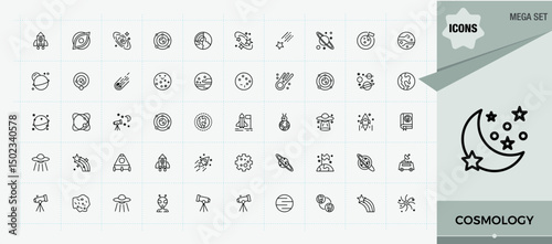 Cosmology icon set. Includes symbols for eclipse, galaxy, universe, astronomy and more. Planet icon set in linear style. Minimal thin line web icons set. Editable vector art and illustration.