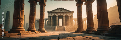 Impressive view of an ancient greek temple with classic columns under the sun.
