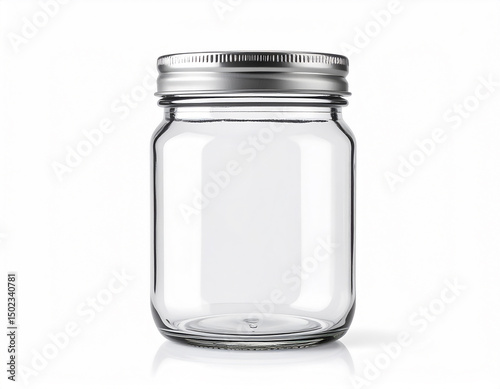 mockup of a transparent glass jar with a metallic lid, front-facing, isolated on a clean white surface,