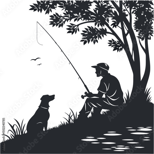 A fisherman with a catch of fish. Fish on a hook. Fisherman in gear with fishing rod silhouette