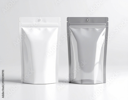  mockup of a resealable plastic pouch with zipper lock, glossy finish, standing upright, front view,