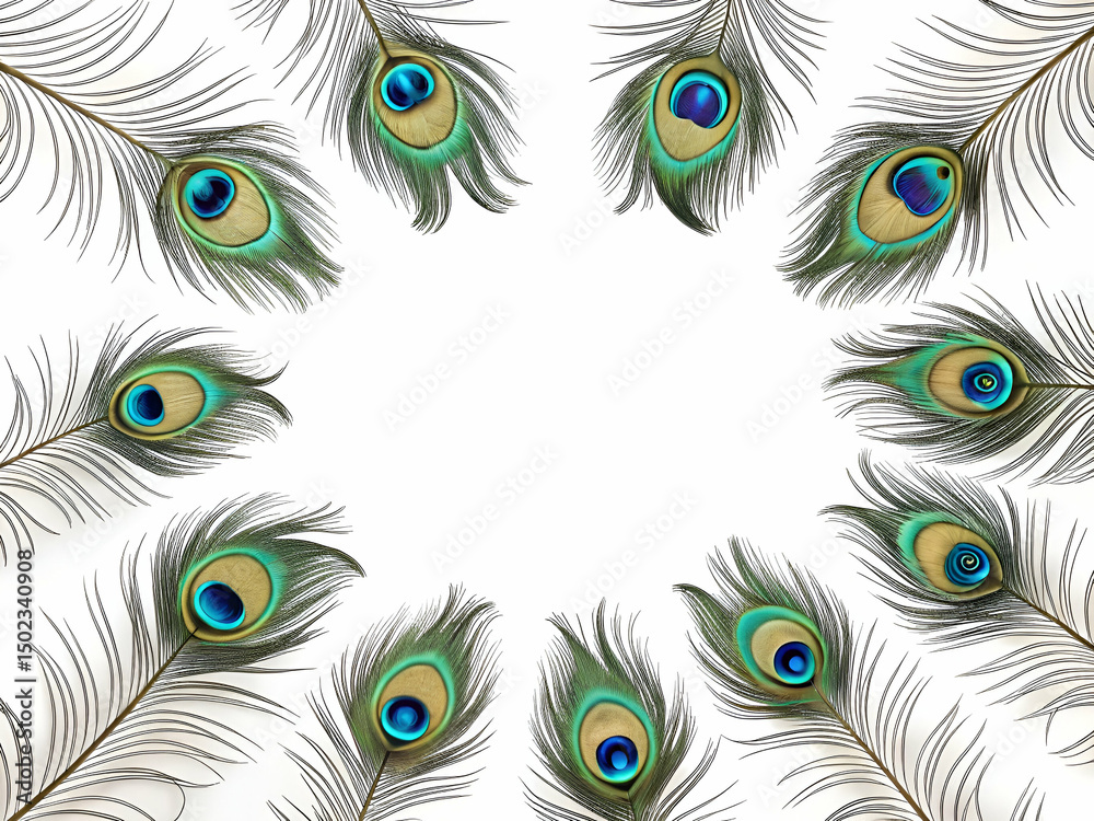Obraz premium Peacock Feathers Arranged in a Circular Pattern Isolated on White Background