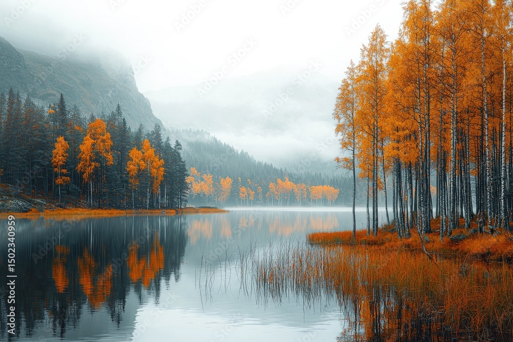 Fototapeta premium Misty autumnal lake with vibrant foliage and mountains.