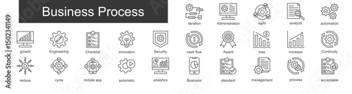 Business Process outline icon set. Containing iteration, Administration, agile, analyze, automation icons