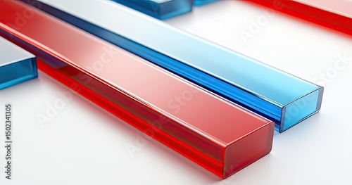 Close-up of translucent, rectangular,  color-blocked shapes.  Red, blue, and white bars.  Modern design