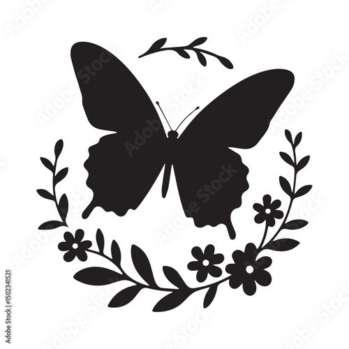 Silhouette design featuring a single color butterfly in a swung floral design white background.