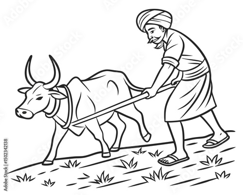Traditional Farming Scene with Farmer and Ox in the Field