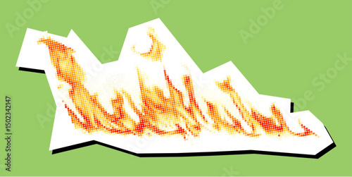 Fire flame dotted collage element pointilize in paper torn vector for energy, burn, and heat visuals. Ideal for abstract hot design, danger signs, and dotted style graphics in bold compositions.