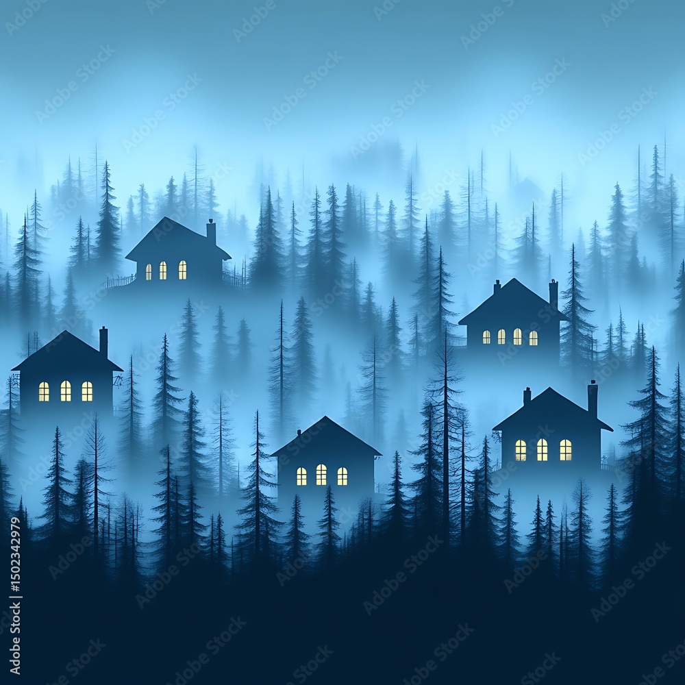 Foggy mountain village at dusk Foggy mountain village at dusk
