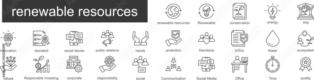 renewable resources outline icon set. Containing Renewable, conservation, energy, esg, innovation icons