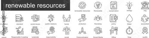 renewable resources outline icon set. Containing Renewable, conservation, energy, esg, innovation icons