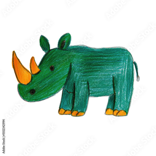 Colorful Drawing of a Bold Javan Rhino with Bright Orange Horns and Green Body in Crayon Style