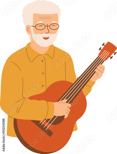 Elderly Man Enjoys Playing Guitar