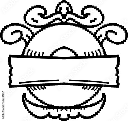 Round pixel ornament design with a board in the middle and a touch of traditional carving