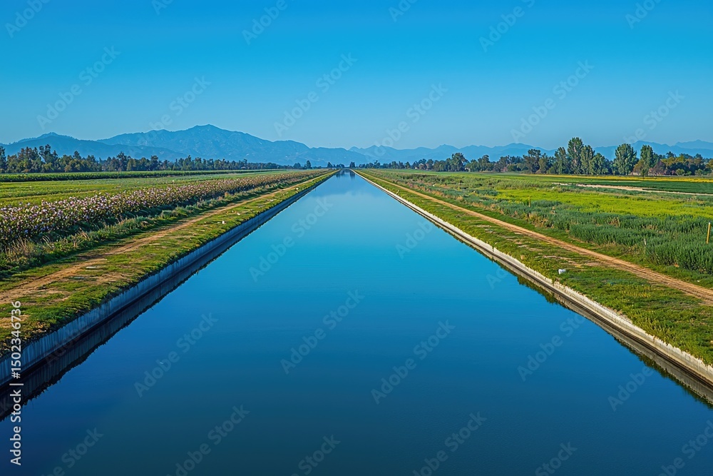 Naklejka premium Peaceful rural waterway reflecting a clear sky.
