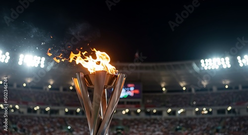 Flaming Torch in Stadium at Night Sports Event
