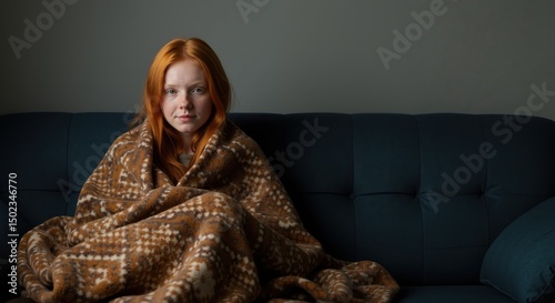 Young girl wrapped in blanket sitting on sofa indoors  