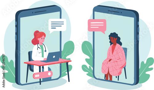 Flat illustration, Revolutionizing Healthcare Convenient and Accessible Virtual Doctor Consultations via Smartphone for Enhanced Patient Care vector 
