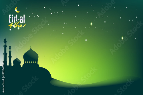 Eid al Adha greeting card or background or poster and banner with a green and yellow gradient, featuring a mosque under a starry night sky. Abstract Islamic greeting banner with glowing tones