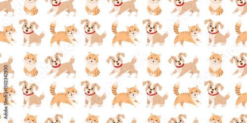 Adorable seamless pattern featuring playful cats and dogs in various poses, perfect for pet themed designs or backgrounds.