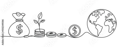 Continuous One Line Art Vector Global Finance Growth
