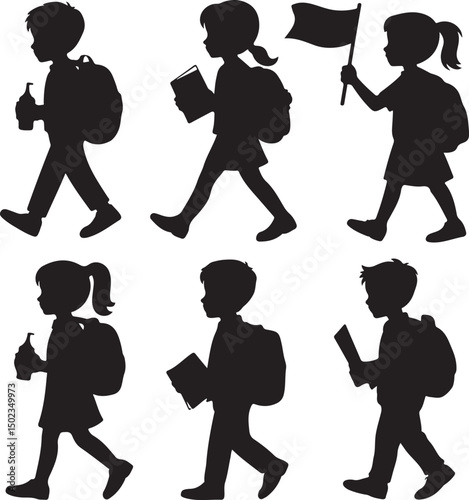 Students Walking to School Silhouette

Backpack Ready – School Time Vector

First Day of School Silhouette Scene

Back to School Bus Arrival Vector Art

Books, Bell & Kids – School Silhouette Design