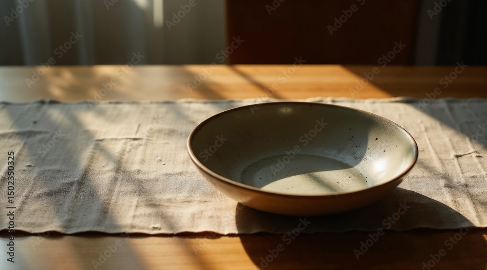 Empty ceramic bowl resting on table with soft sunlight shadows Empty ceramic bowl resting on table with soft sunlight shadows