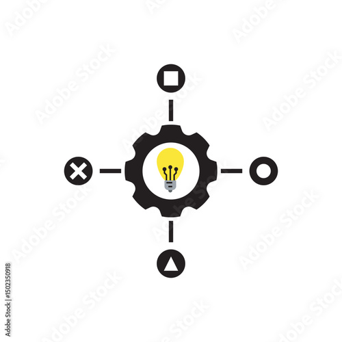 Creative vector of a gear with a light bulb in the center and directional icons, representing innovation, direction, and strategic thinking.