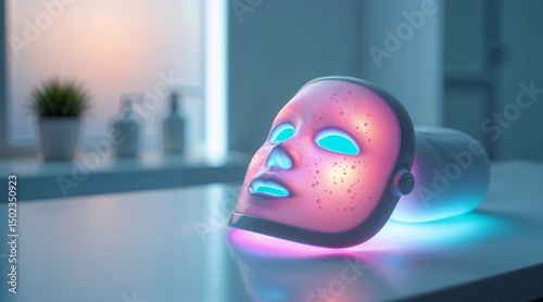 Futuristic facial therapy mask resting on table in modern spa environment   photo