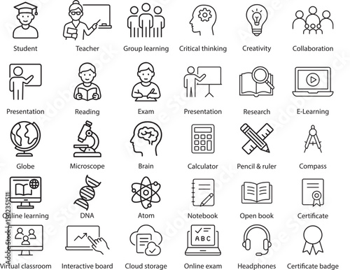 Education Vector Icons Set, Line Style, Isolated on White.