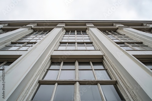 Architectural detail of building facade showing vertical lines and large windows