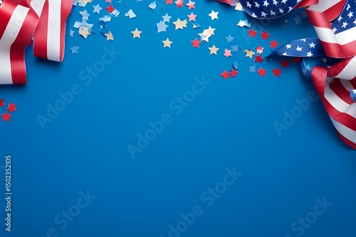 Celebrate American Patriotism Festive red white and blue ribbons and stars confetti on a vibrant blue background perfect for Independence Day designs